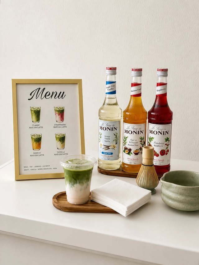 Matcha bar menu en Monin siropen